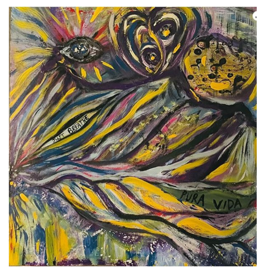 Pura Vida — an expressive acrylic painting with teal, gold, and purple flowing forms, inspired by Costa Rica